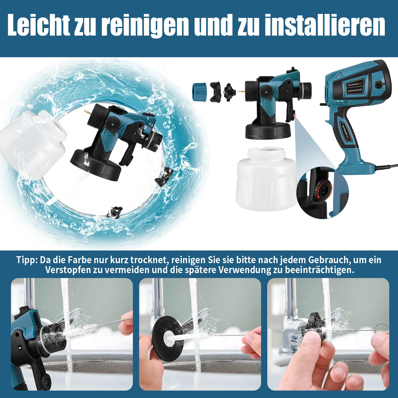 850W Farbsprühsystem, HVLP Lackierpistole Elektrisch mit 4 Düsen und 3 Sprühmuster, 1200 ml/min Einstellbarer Durchfluss mit Reinigungs & Blasanschlüssen, 1400ML Behälter für Zäune, Schränke