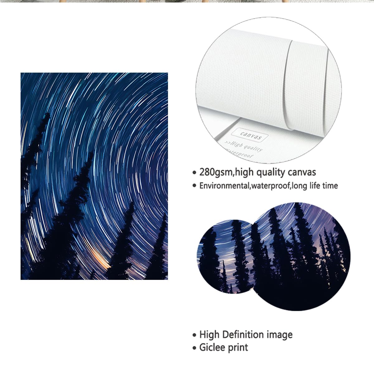 YUNART Star Trails Forest Trees Canvas Wall Art Natural Landscapes Photo Grawerowanie Home Office Mural Modern Modern Art Ready to Hang 55x82cm Inner Frame