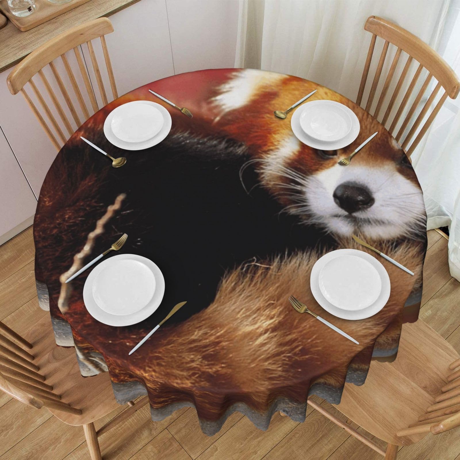 DCEHGEW 60 In Round Tablecloth with Lace, Red panda Printed Oilproof & Washable Fabric Picnic Table Cloth Table Covers
