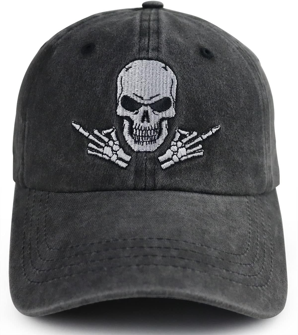 Skull and Crossbones Baseball Cap for Men Women, Funny Adjustable Washed Denim Cotton Embroidered Skeleton Hat