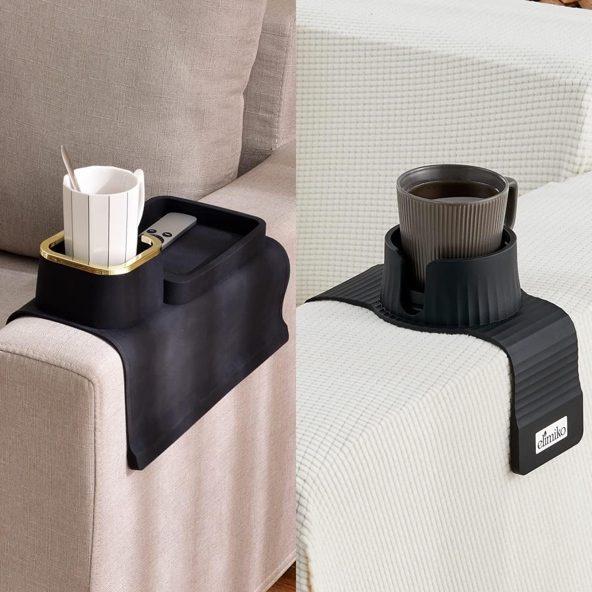 Elimiko Silicone Couch Cup Holder Tray and Couch Cup Holder, Anti-Spill & Anti-slip, for Oversized Mugs, Gifts for Men, Dad, Boyfriend, Husband, Grandpa (Black)