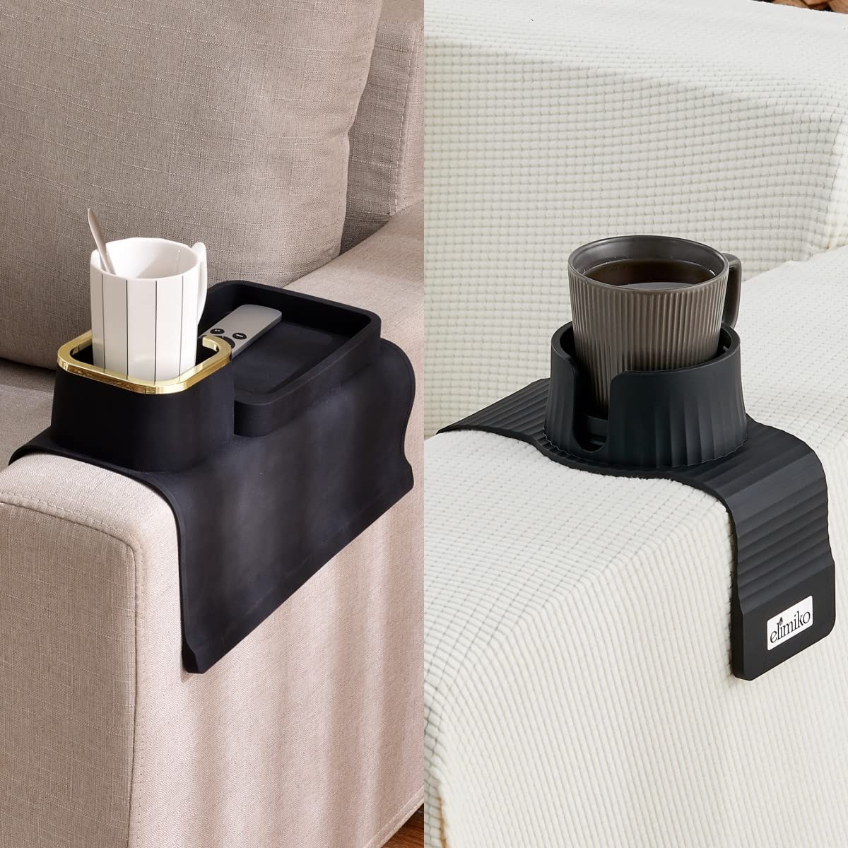 Elimiko Silicone Couch Cup Holder Tray and Couch Cup Holder, Anti-Spill & Anti-Slip, for Oversized Mugs, Gifts for Men, Dad, Boyfriend, Husband, Grandpa (Black)