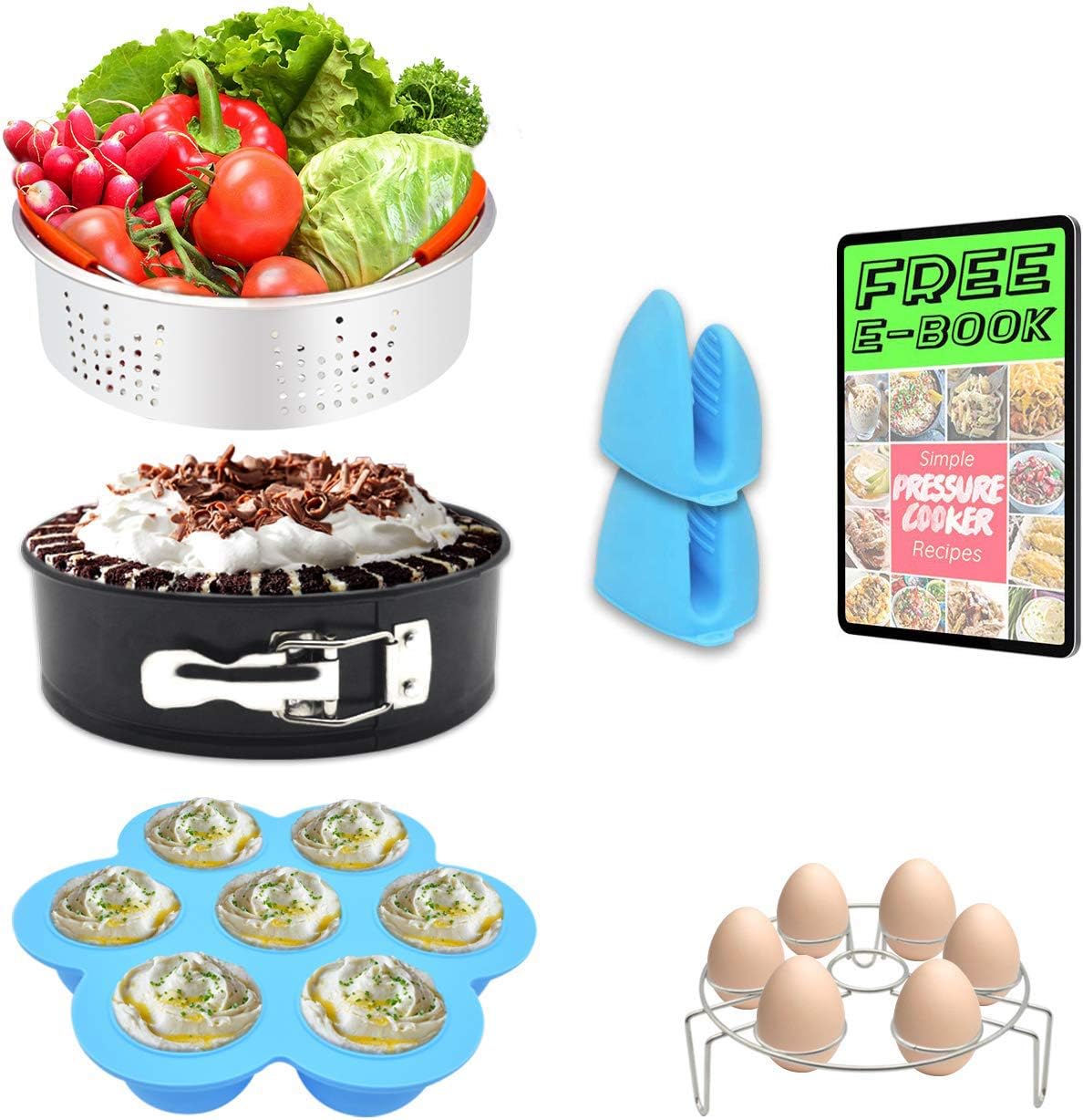 7 PCS Stackable Instant Pot Accessories Set - Vegetable Steamer Basket, Egg Bites Molds, Springform Pan, Egg Steamer Rack and Anti-scald Gloves, Fit 5 / 6 / 8 qt Instapot and Pressure Cooker