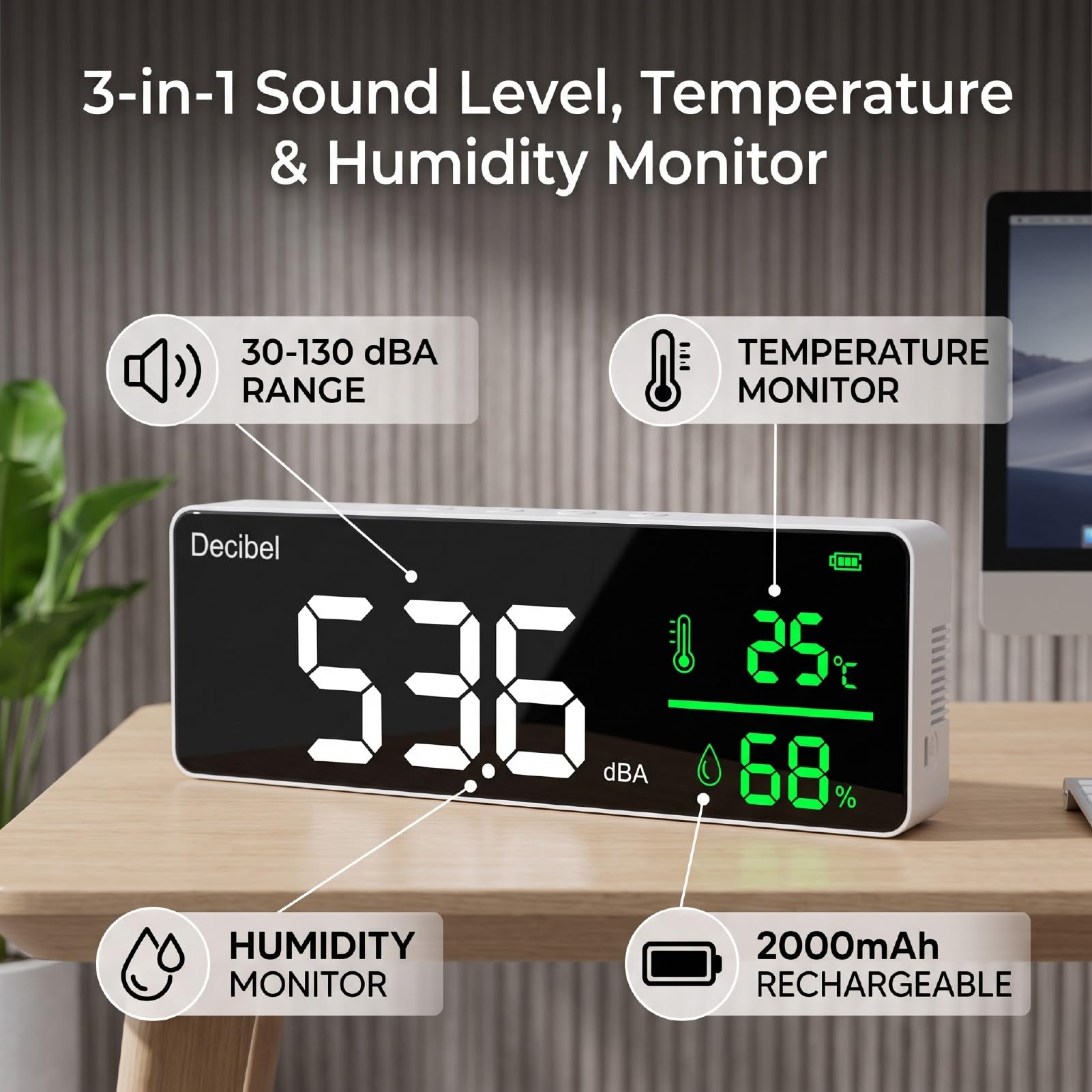 Medidor de Decibelios 30-130dBA LED Registro de Datos de Montaje en Pared | Ruido/temperatura/humedad 3 en 1, registra y exporta datos, interruptor °C/°F, calibración manual, batería de 2000 mAh,