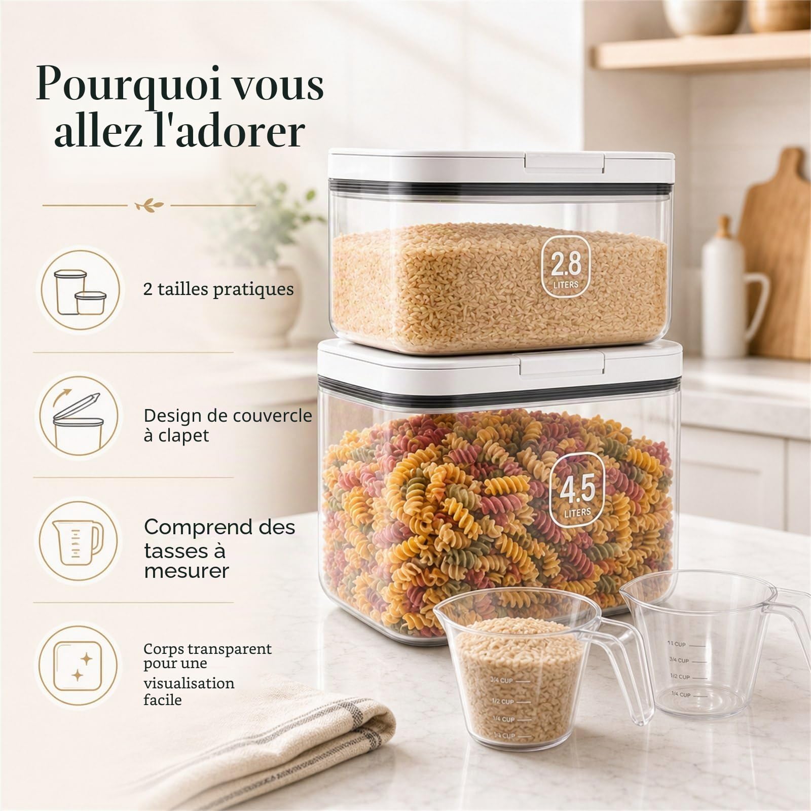 STARVAST Boîtes de conservation pour farine 4,5+2,8 litres, boîte de rangement pour la cuisine, conservation de riz avec jauge, boîtes de conservation avec couvercle hermétique, récipients de stockage
