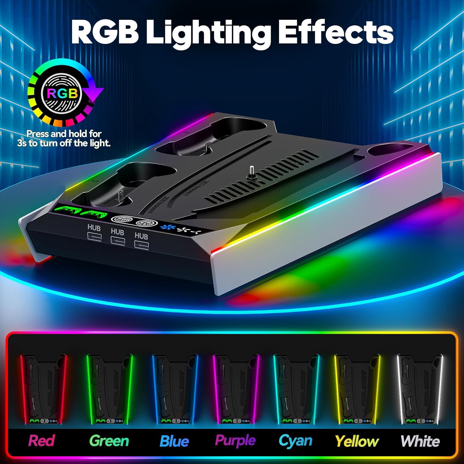 PS 5/Slim Stand for Disc & Digital Version, RGB Ambient Lighting PS5 Slim Cooling Station with Controller Charger, Built-in 3-Level Fan, 3 USB Ports (Not for PS5 Pro)