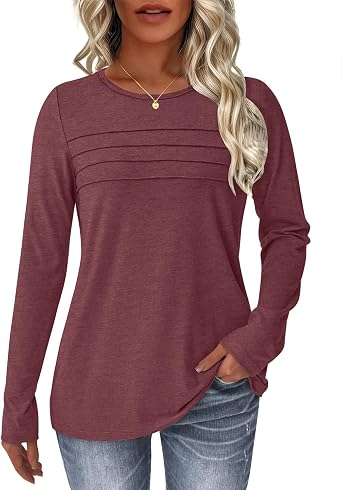 NORACORA Long Sleeve Shirts for Women Pleated Tunic Basic Tops Dressy Casual Business Blouses Loose Trendy Fall Fashion 2025