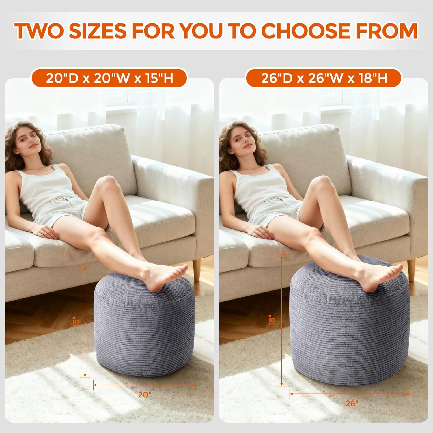 26" x 26" x 18" Pouf Ottoman Foot Rest, Pre-Stuffed Round Foot Stool with Odorless Shredded Memory Foam, Furry & Fluffy Corduroy Footrest for Living Room, Dark Grey