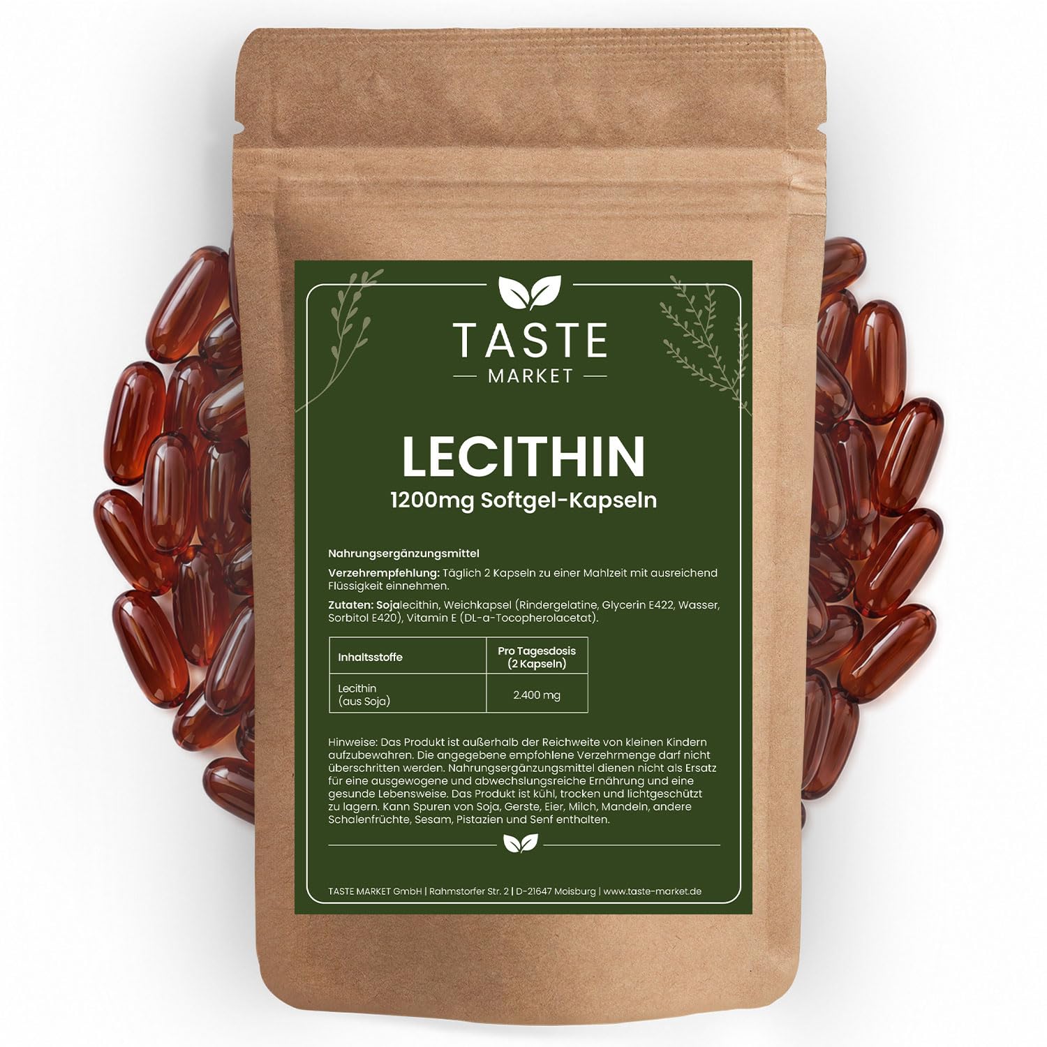 Lecithin Kapseln 1000 Softgels 1200 mg Sojalecithin Lethicin Leitzin Hochdosiert ohne Gentechnik Taste Market
