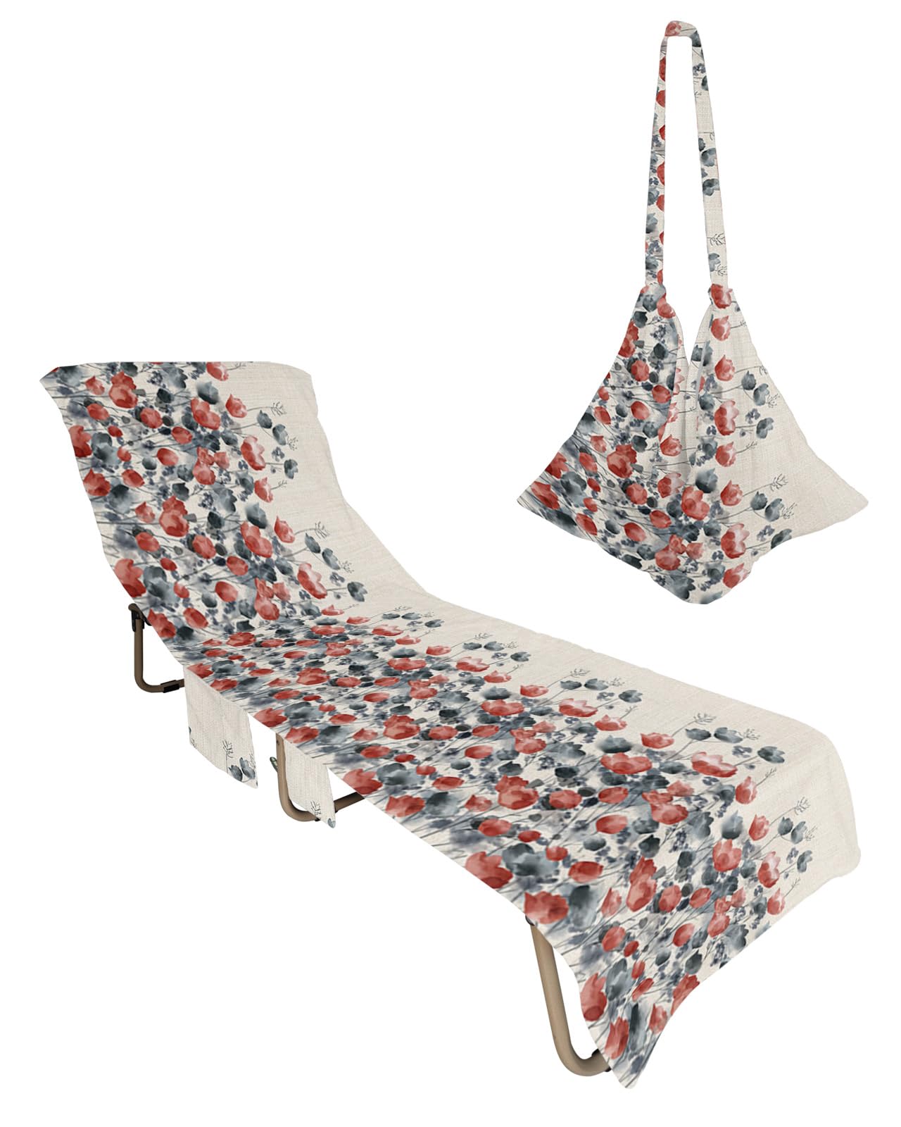Flower Leaves Beach Chair Towel Covers for Chaise Lounge With Side Pocket, Soft Plush Pool Towels Cover for Patio Sunbathing Outdoor 29''x85'' Red Black Watercolor Botanical Plant