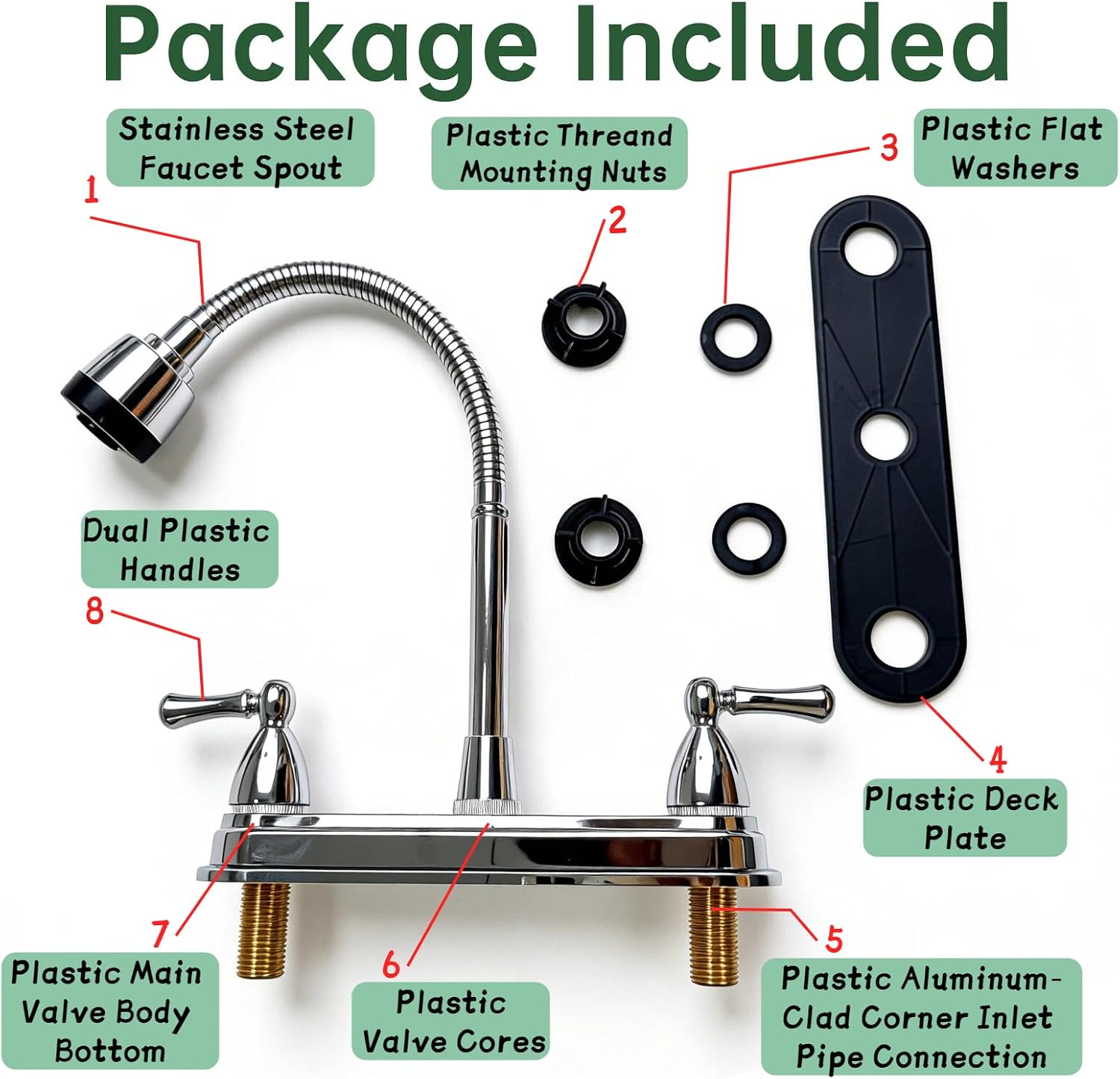 RV Kitchen Faucets,Flexible Spout RV Kitchen Sink Faucet Replacement with Two Handle-8" Main Body,High Arch-360 Swivel Replace for RV Home Campers Motorhomes Travel Trailers,Chrome