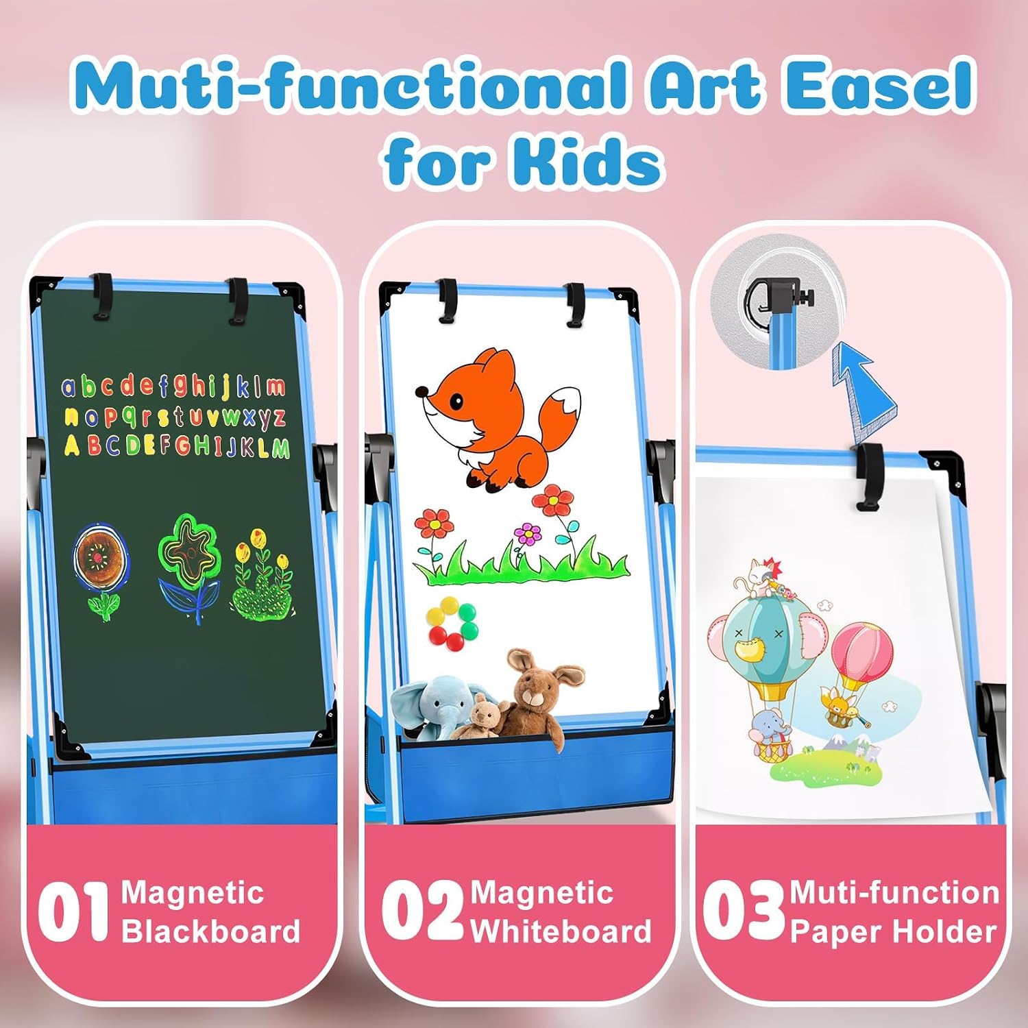Kids Easel Double-Sided Standing Easel with Paper Clip Foldable Drawing Board Height Adjustable Standing Art Easel 360° Rotatable Whiteboard Chalkboard Great Gift for Kids (Blue)
