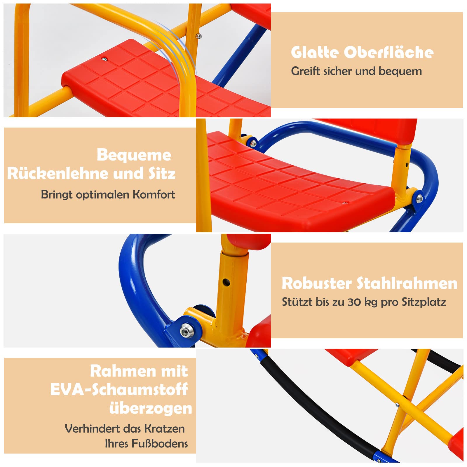 GOPLUS Schaukelwippe mit 3 Sitzen, Kinderschaukelstuhl aus Kohlenstoffstahl, für Kinder 3-8 Jahre bis 100 kg (Rot)