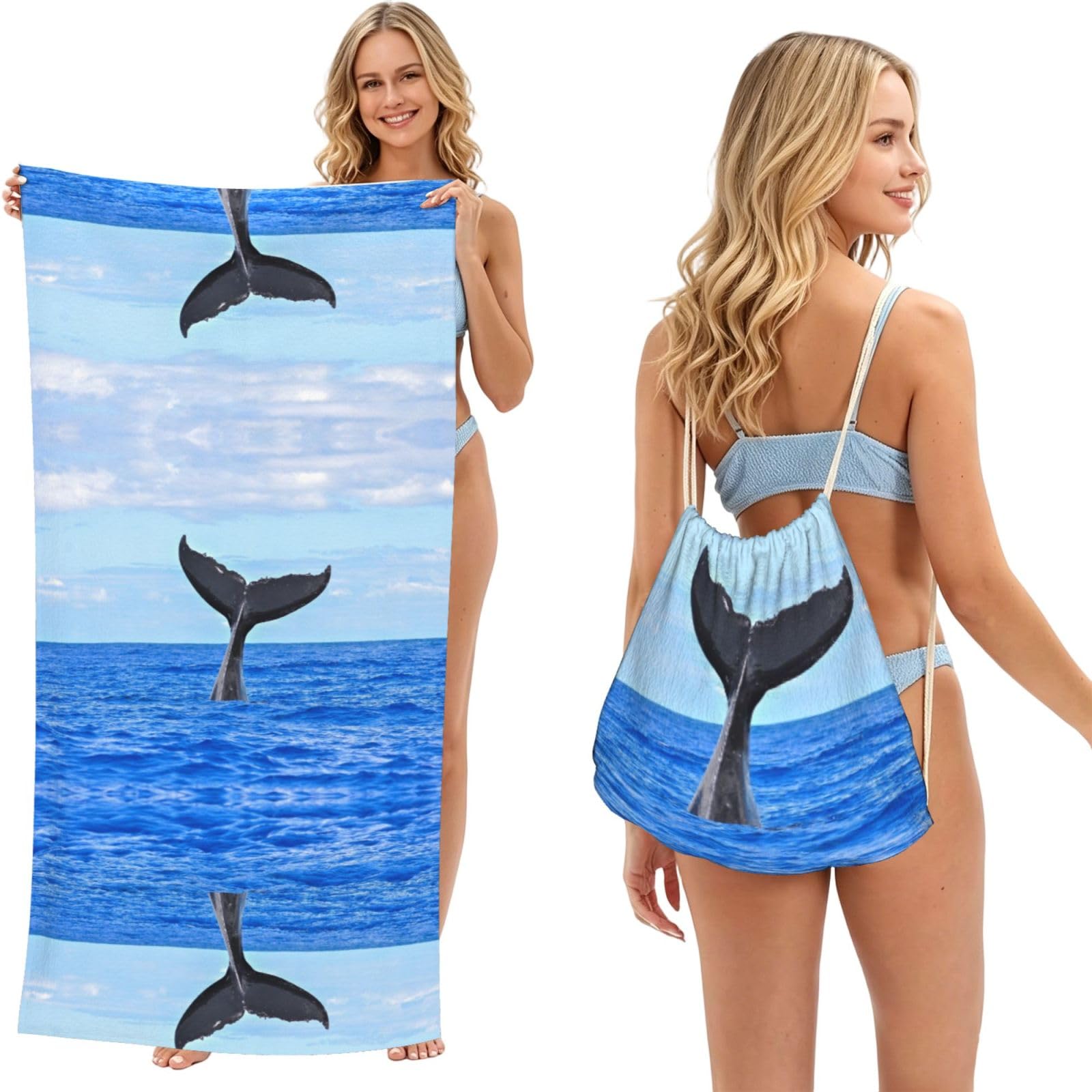 SATUSA Whale Tail Print 2-In-1 Foldable Beach Towel Backpack â€“ Camping, Yoga And Travel,Bath Towel With Built-In Storage, Convertible Beach Mat & Carry Bag