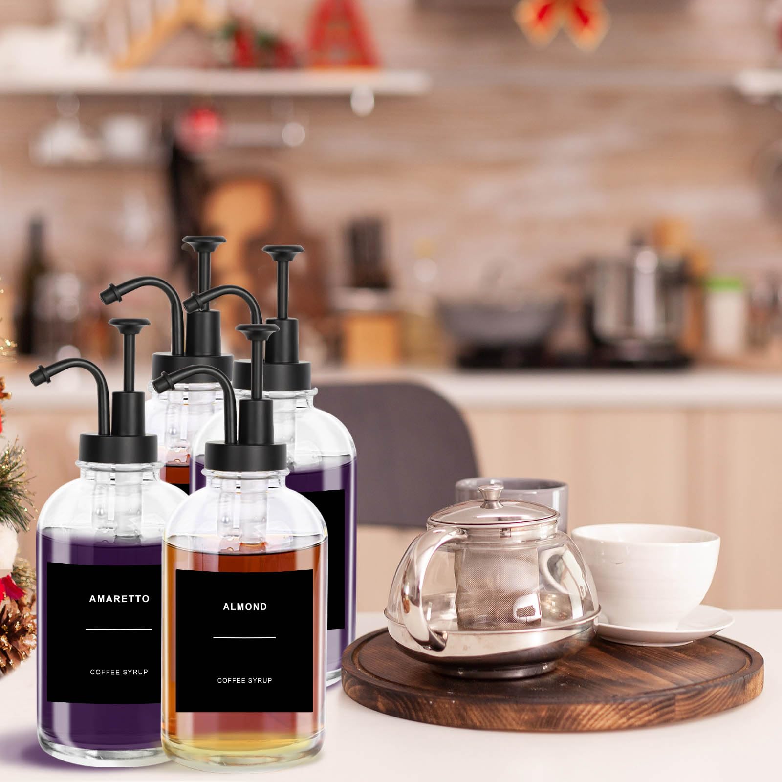 Sunal Kaffee Sirup Spender Glas Set,500ml/16,9 oz Sirup Spender,4er Pack Schwarz Glas Honig Pump Flasche mit 36 Wasserdichten Etiketten und 1 Silikon Trichter für Küche Kaffee Bar