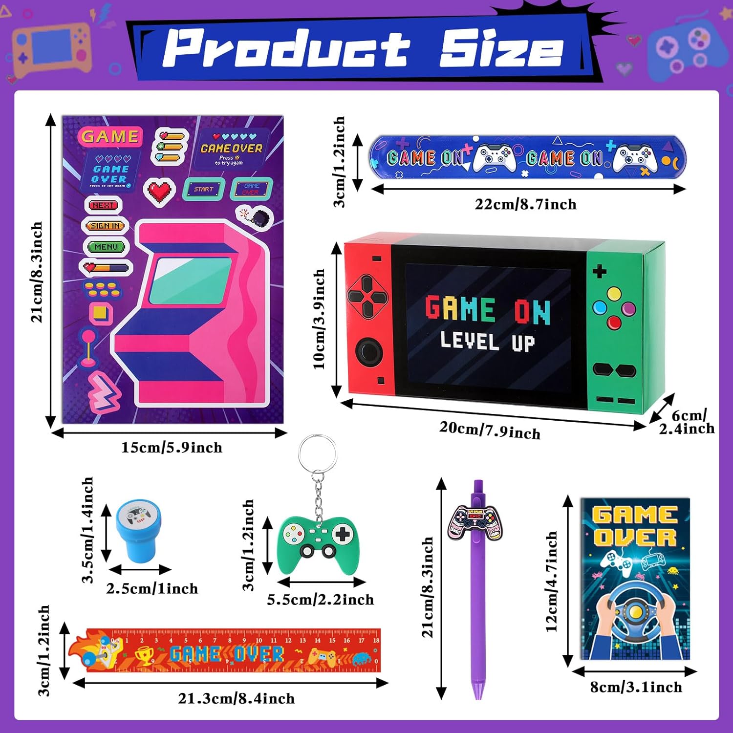 96PCS Valentine's Day Gift for Video Game Party Favors Gamer Birthday Party Paper Boxes Notepads Rulers Pens Slap Bracelets Key Chains Stickers Gaming Level Up Parties Favor Rewards Supplies