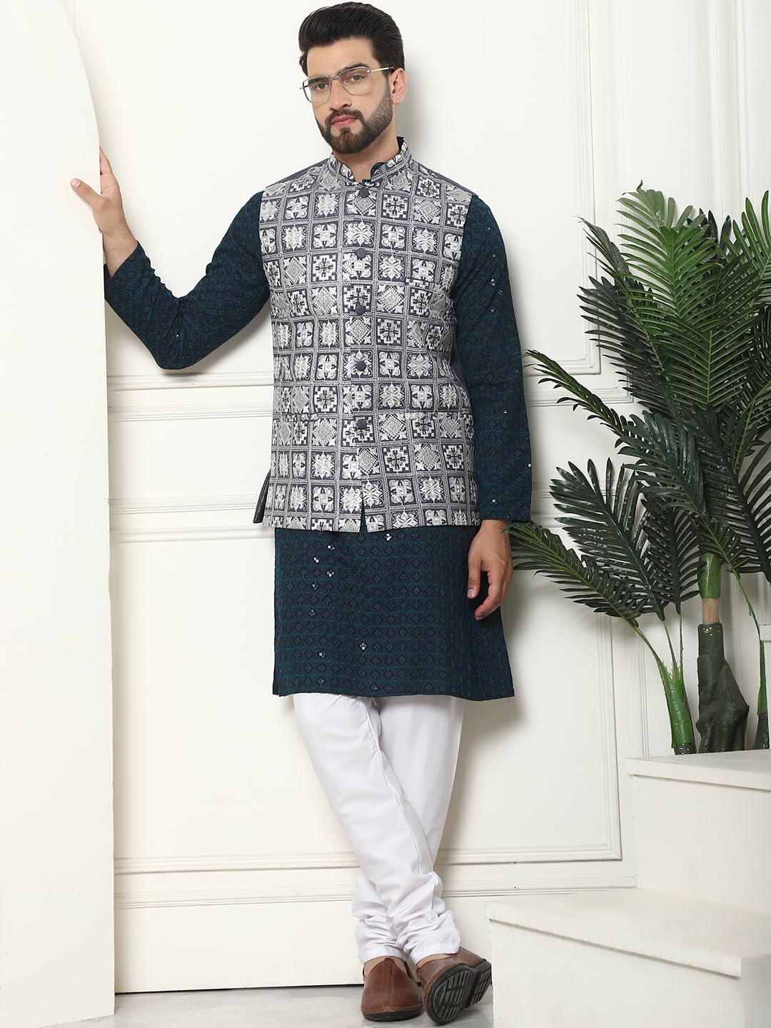 Sojanya (Since 1958 Men's Cotton Embroidered Teal Kurta And White Pyjama With Grey Nehru Jacket
