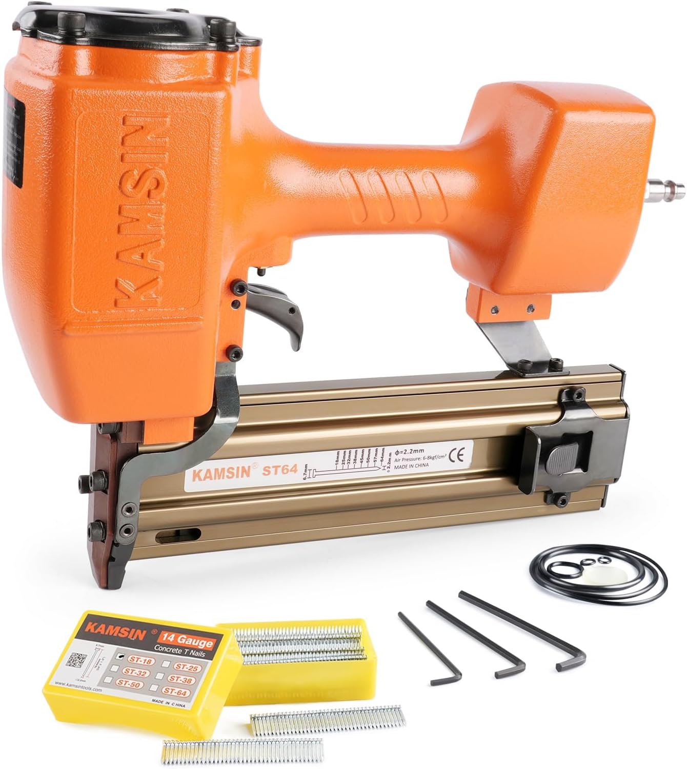 ST64 14 Gauge Pneumatic Concrete T Nailer with 400 PCS 3/4" T Nails, Accepts 3/4" to 2-1/2" Concrete Nail Gun for Heavy Duty Concrete Nailing, Decking, Plywood