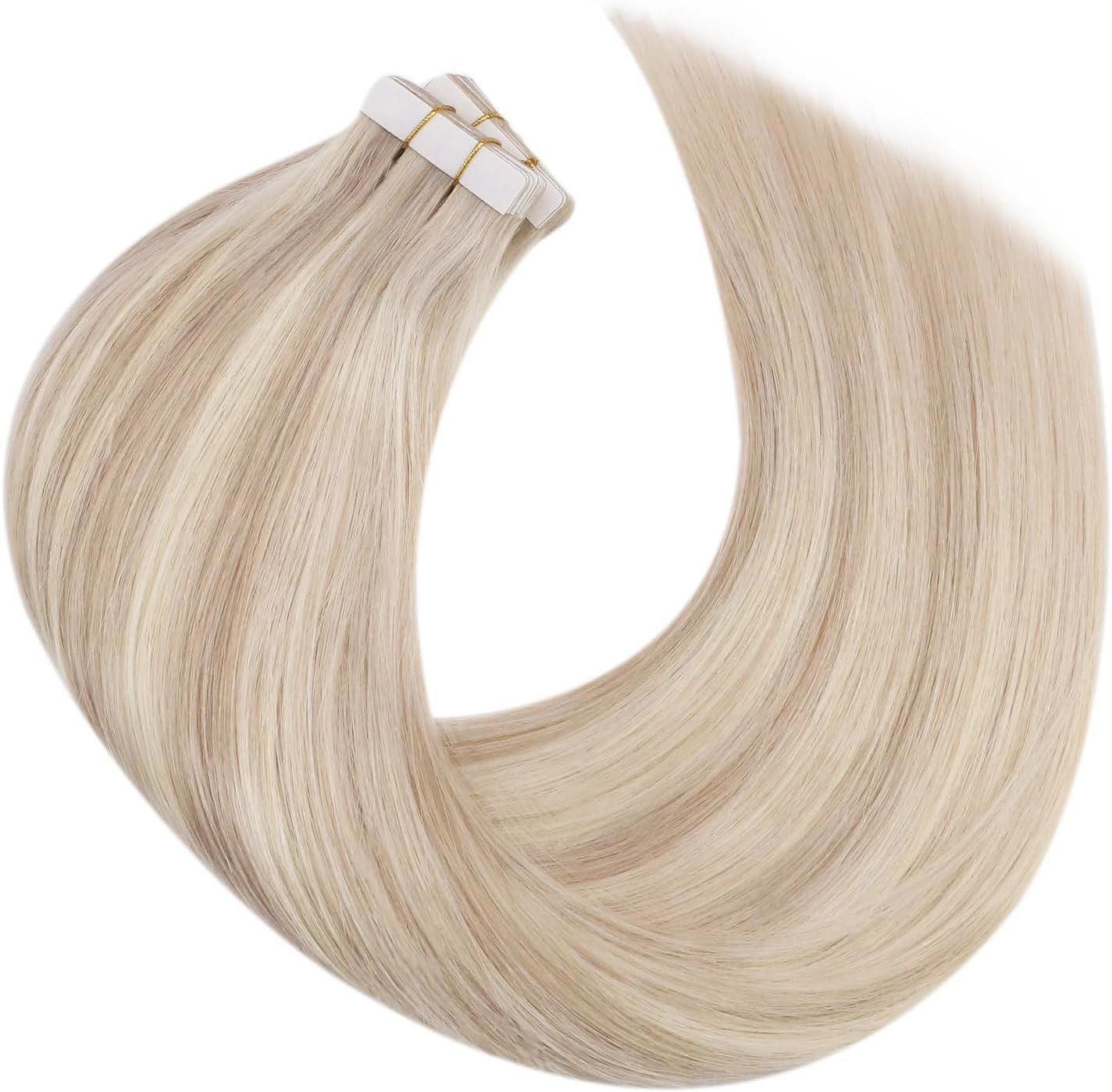 Moresoo Tape in Hair Extensions Human Hair Ash Blonde with Bleach Blonde Tape Hair Extensions Blonde Real Human Hair Extensions Tape-ins 12 Inch 20 Pieces/30g #P18/613 — view 8