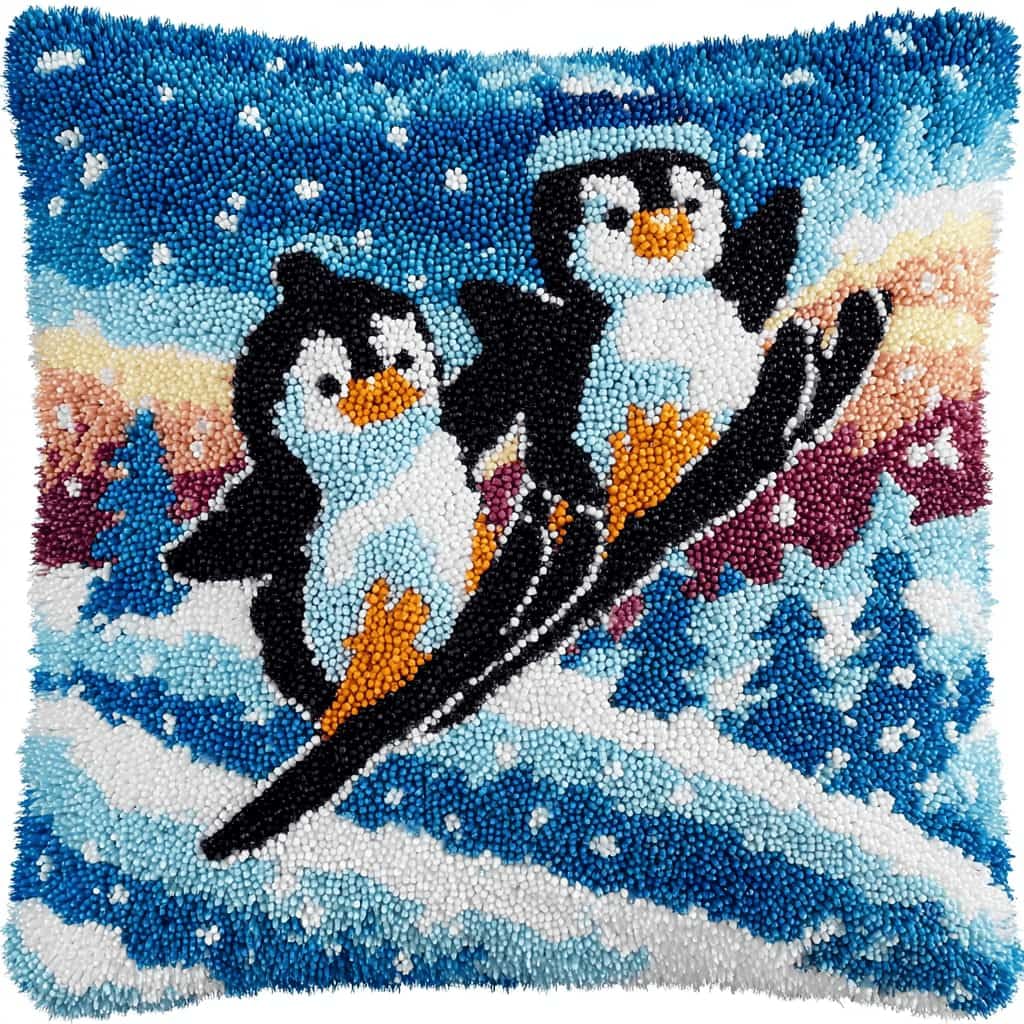 Kitquiver Latch Hook Kits Penguin for Adults,Beginners DIY Latch Hook Cushion Kits and Latch Rug Kits Cross-Stitch Embroidery Cushion Cover for Home Sofa Decoration 17X17 in