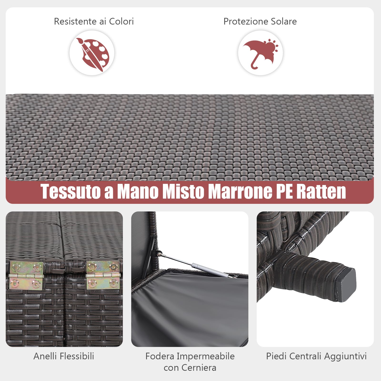 GYMAX Cassapanca per Terrazze da 662 L, Contenitore con Coperchio per Esterni in Vimini Misto, Baule da Giardino con Cerniera, 2 Ruote e Asta Pneumatica, 150 x 77 x 73 cm
