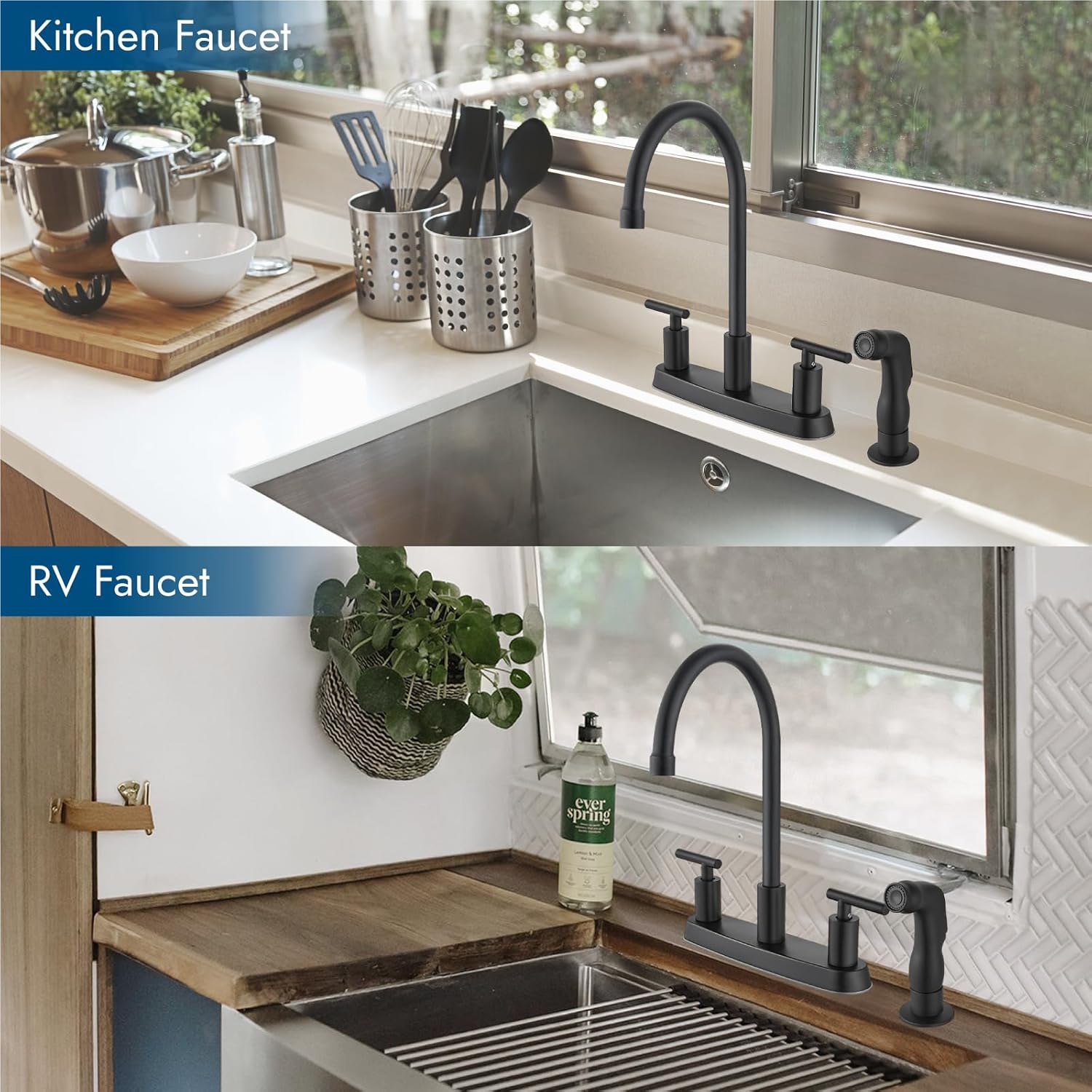 Kitchen Faucets, High Arc 360°Rotating Spout Kitchen Sink Faucet 2 Handle 8 Inch Centerset RV Kitchen Faucet with Supply Lines, 3 Hole Kitchen Faucet with Side Sprayer, Matte Black - Image 7