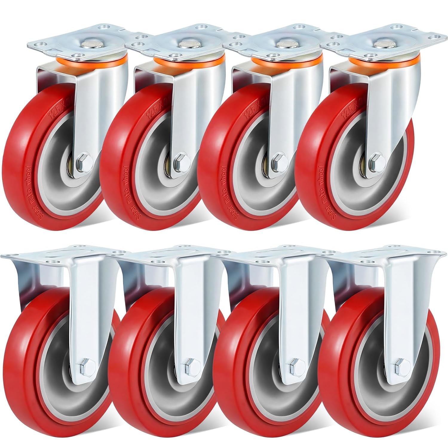 8 Pcs 5 Inch Caster Wheels Replacement Kit - Heavy Duty Industrial Casters Set Includes 4 Swivel & 4 Rigid with Non-Marking TPR Rubber, Silent Wheels for Furniture, Workbench, Cart