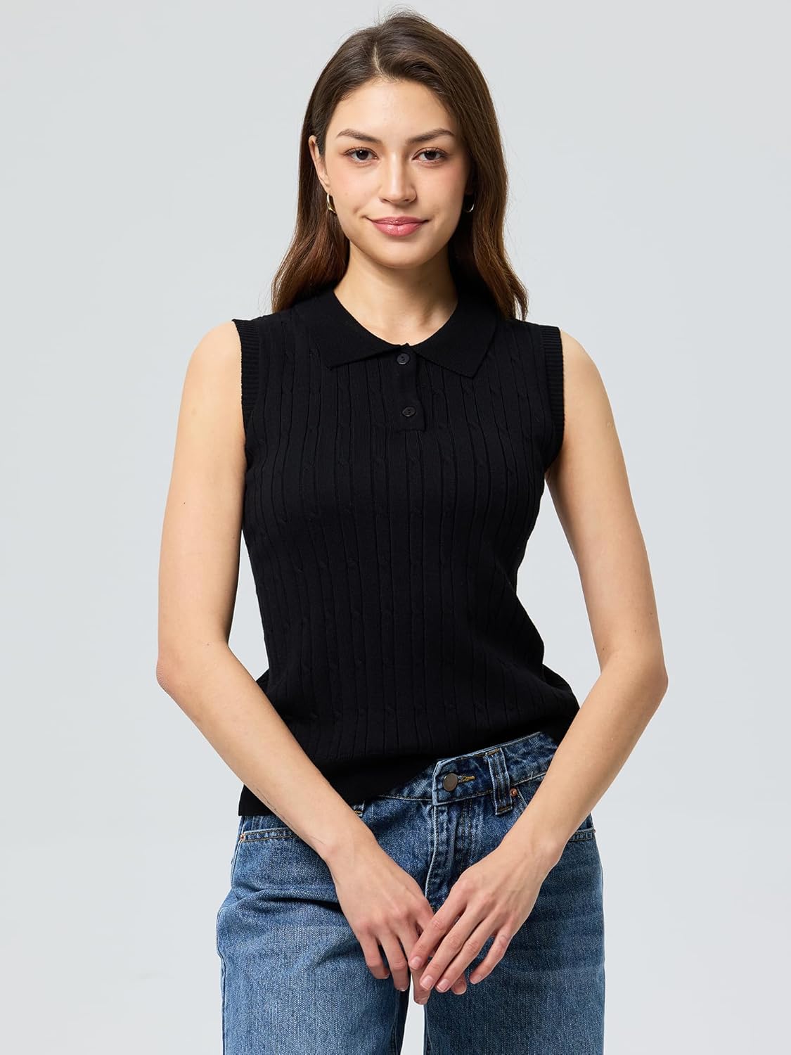 Sleeveless Polo Sweater Vest for Women Lapel Knit Polo Shirt Tank Top Cable Preppy Loose Casual Pullover Outfits - Image 4