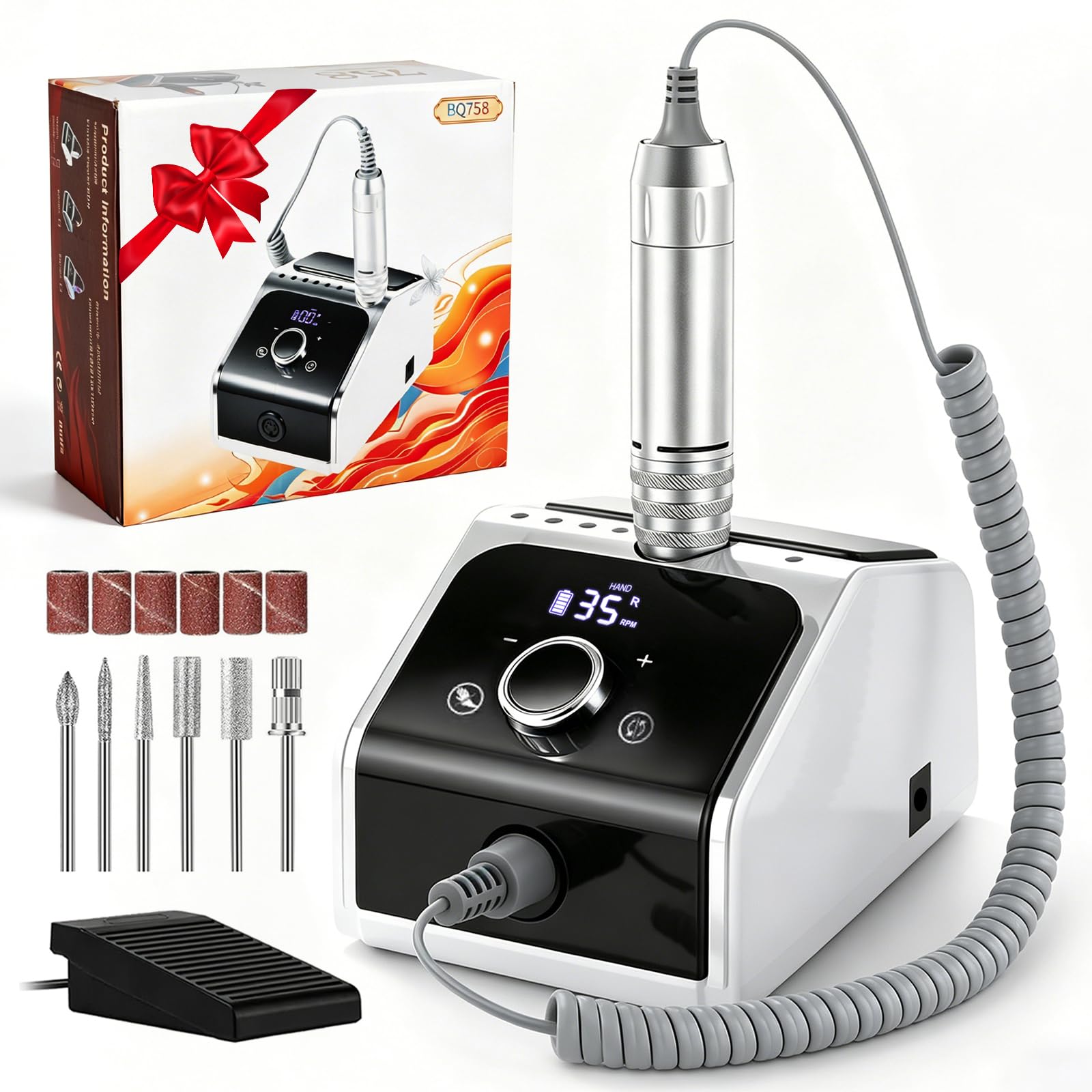 CozyZen Máquina de Taladro de Uñas Eléctrico Profesional, 35000 RPM con Pantalla LCD, Control Manual/De Pedal y Funcionamiento Silencioso, para Uñas Acrílicas/Gel - Uso en Hogar y Salón（Blanco）