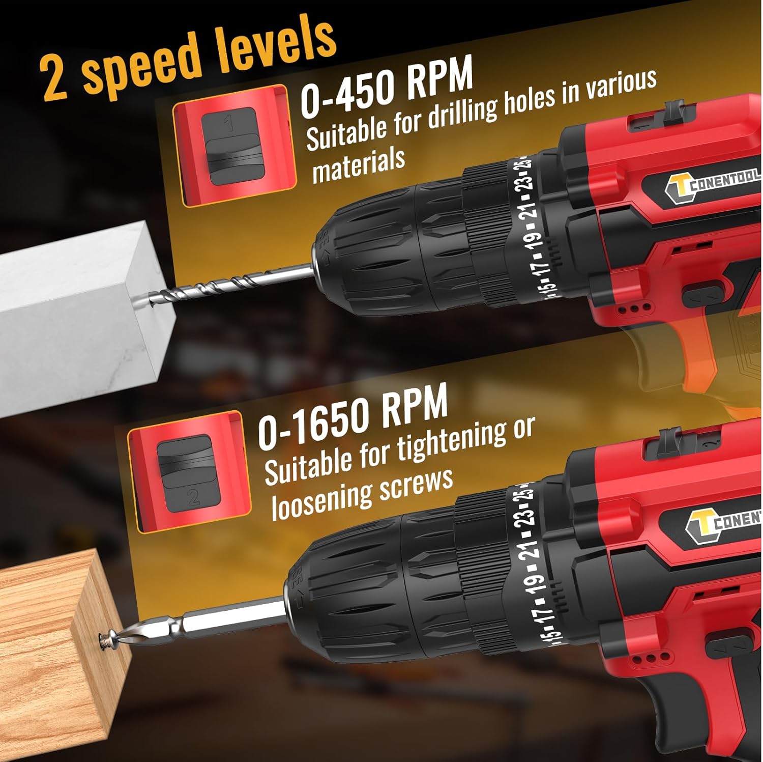 Diagram showing two speed levels of the drill