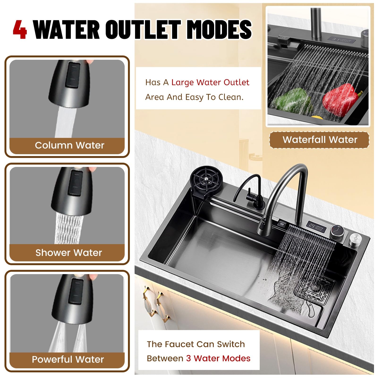 Fregadero de Cocina Grande Tipo Cascada, Fregadero Inteligente con Grifo extraíble, Kit de Lavado de Tazas y desagüe, Fregadero de Acero Inoxidable de un Solo Seno Estilo Granja pa