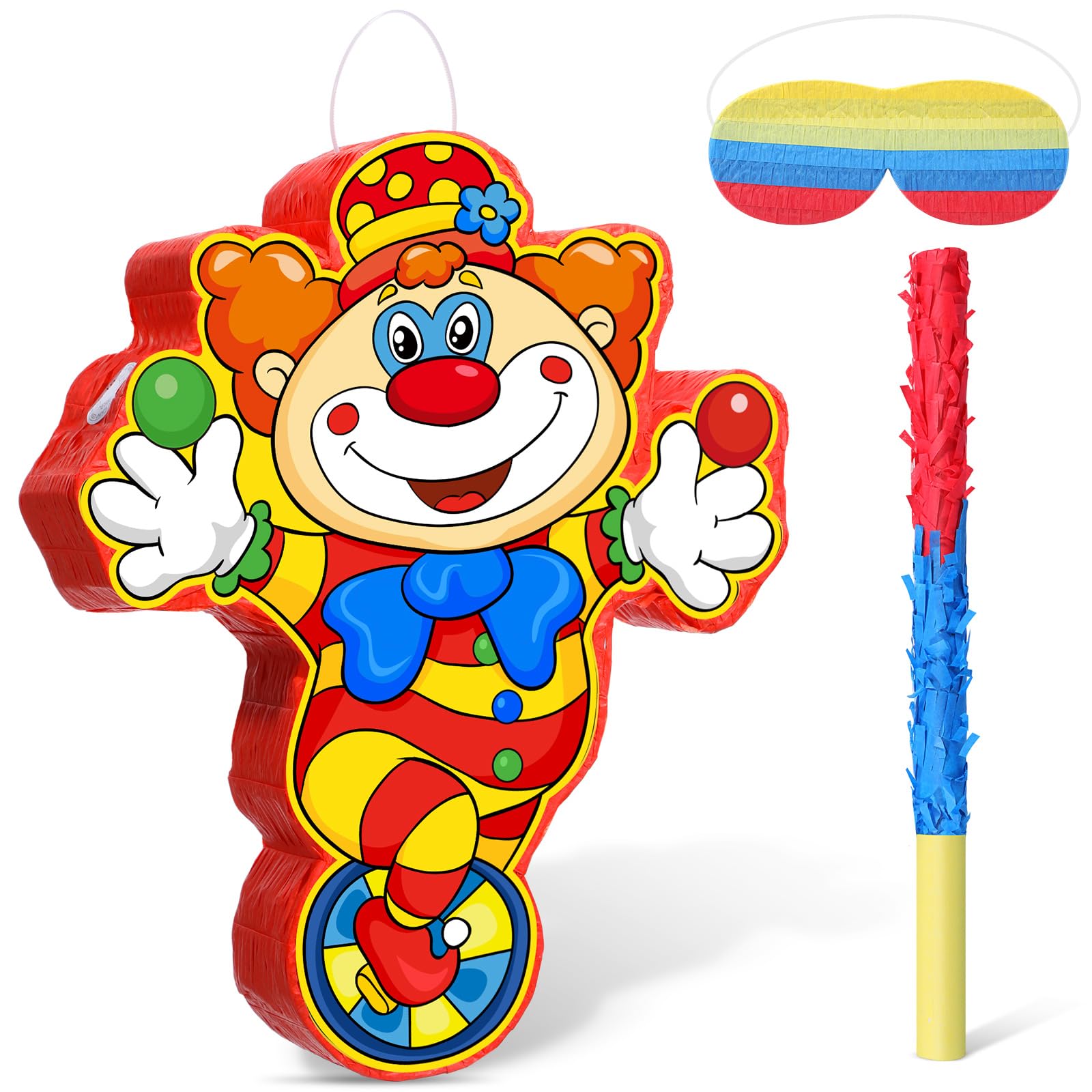 Pasimy Carnival Piñata with Blindfold and Stick Circus Clown Piñata Bundle for Carnival Theme Birthday Baby Shower Party Decorations Game Supplies, 14.57 x 12.20 Inch