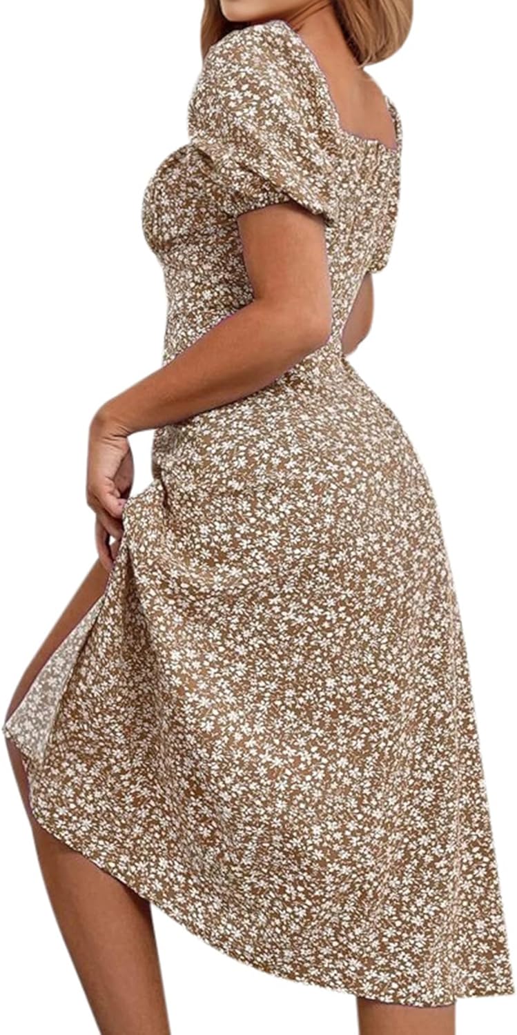 SPRIME Women's Floral Summer Casual Dress Square Neck Puff Sleeve Boho Midi Dresses Ruched Bust High Waist Split Long Dress - Image 5