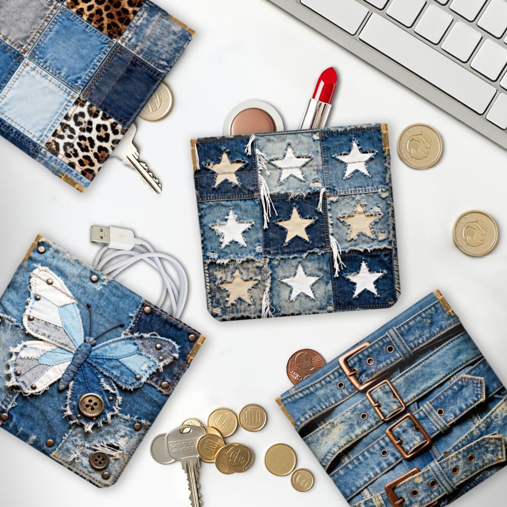 Peacoblue 4Pcs Small Leather Squeeze Coin Purse for Women-Denim Patchwork with Leopard Print Pattern Waterproof & Durable Snap Closure Change Pouch Mini Money Wallet Bag for Adult Teen Girls Best Gift
