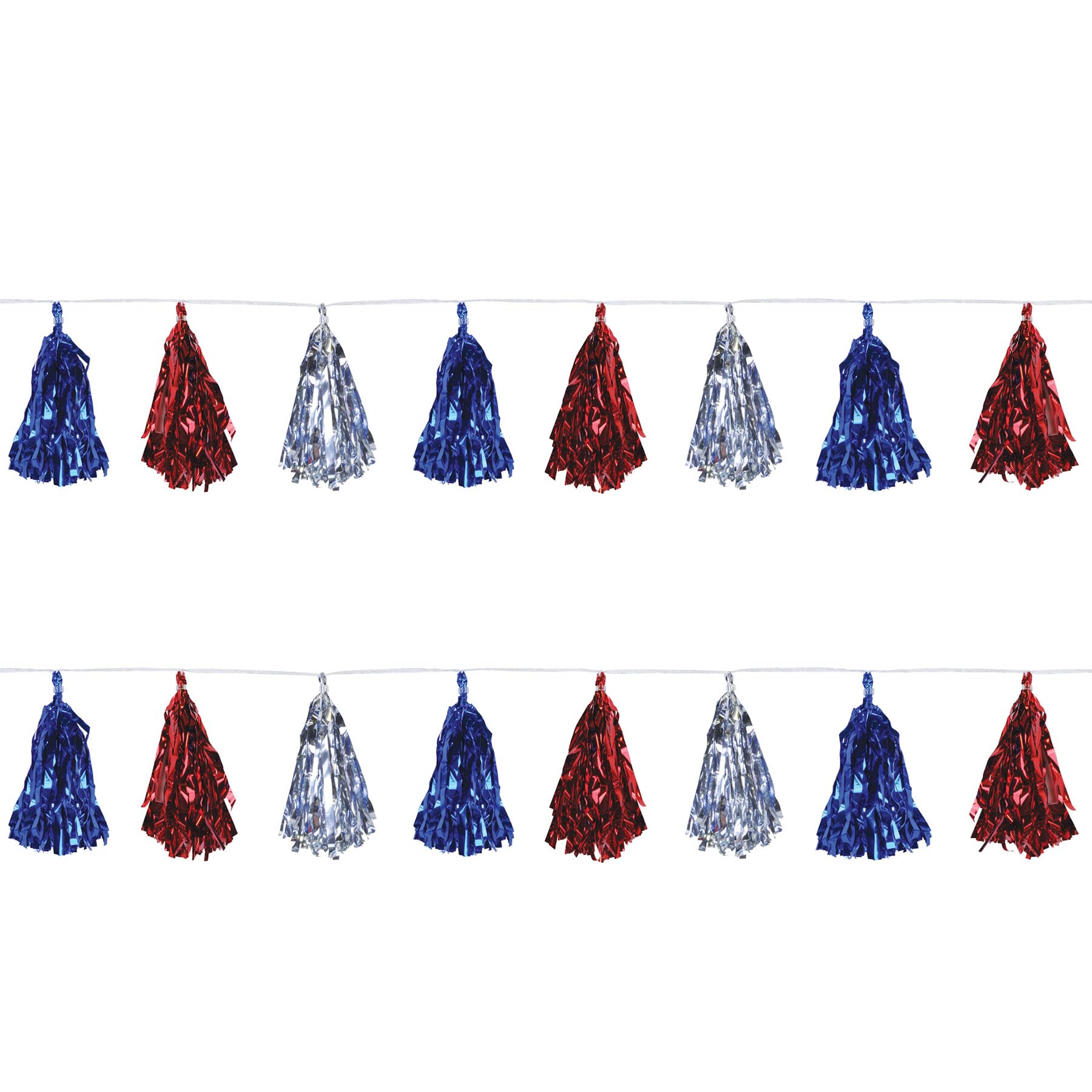 Beistle 59927-RSB, 2 Stück metallische Quasten-Girlanden, 24,8 cm x 2,3 m, Rot/Silber/Blau