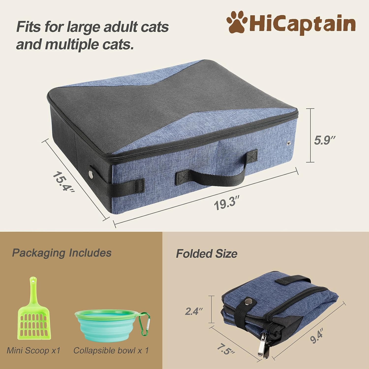 HiCaptain Portable Travel Litter Box for Cats, 19.3" Lx15.4 Wx5.9 H Collapsible Litter Box with Lid & Handle for Road Trip, Hotel, Camping, Airplane, Car (Blue, Grey)
