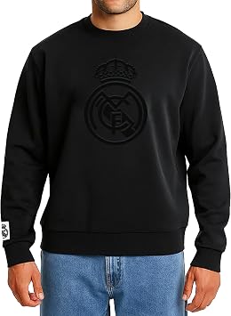 Icon Sports Officially Licensed Real Madrid Cotton Terry Crewneck Pullover Sweater Monochromatic Black Soccer Apparel, Medium