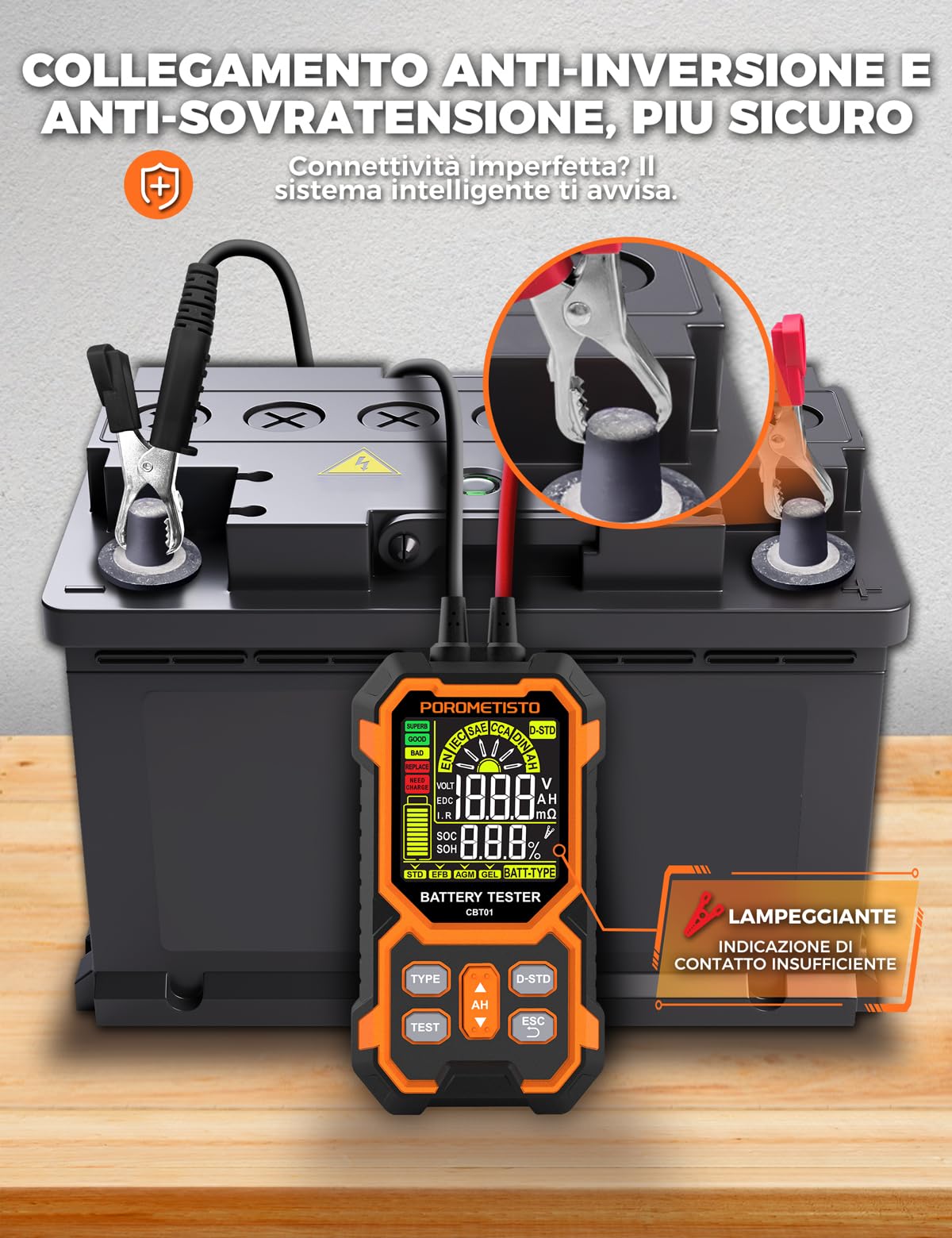 Tester Batteria Auto 12v/24v Professionale, Tester per batterie auto 50-1999 CCA,Tester Batterie per Veicoli/Auto/Moto/SUV,Può Misurare Tensione,Resistenza Interna,CCA, SOC,SOH