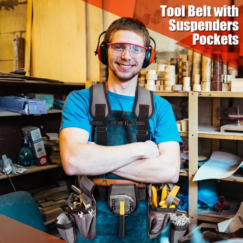 Ceinture à Outils de Charpentier Ceinture à Outils avec Bretelles Pochette à Outils Multi-Poches Sac à Outils Réglable avec Poches à Bretelles, Ceinture Utilitaire de