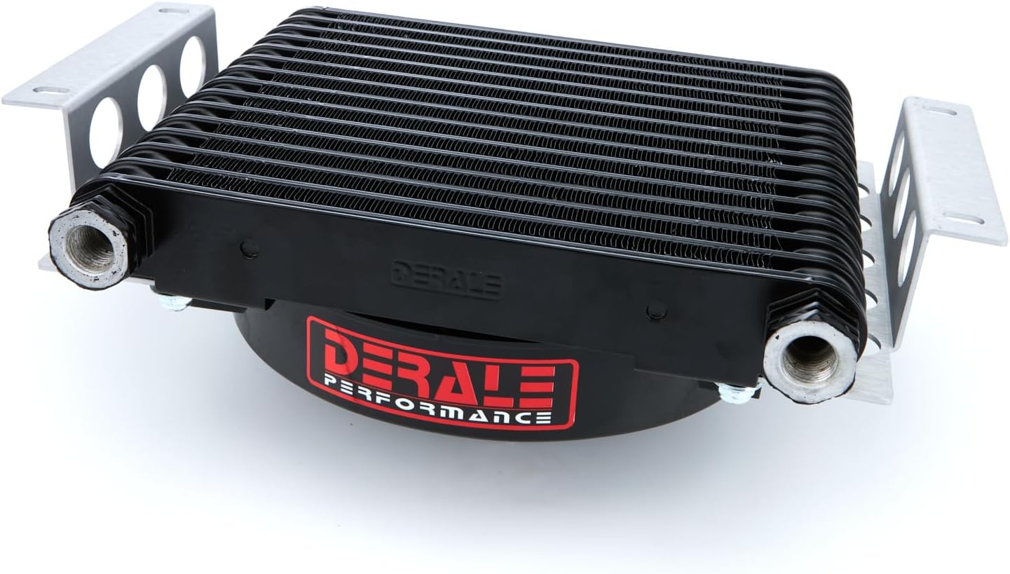 Derale Fluid Cooler and Fan, 12.75 x 9.375 x 4.313 in, Plate and Fin Type, 5/8-18 in Female O-Ring Inlet/Outlet, 8 AN Male Adapters, Fittings, Aluminum, Black Powder Coat, Universal, Each