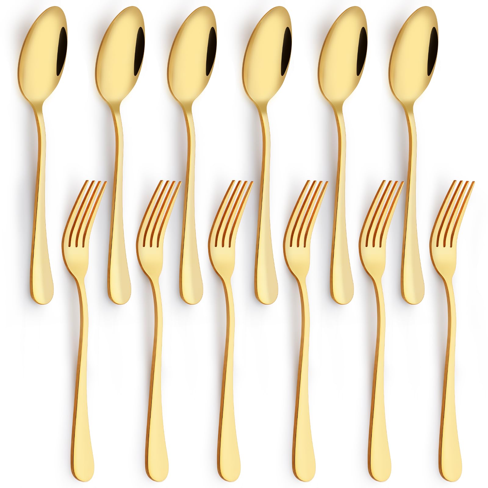 12 Pieces Spoons and Forks Set,Food Grade Stainless Steel Flatware Cutlery Set,6 Forks(6.8 inch)and 6 Spoons(6.6inch)Silverware Set for Home,Kitchen,Restaurant-Mirror Polished & Dishwasher Safe(Gold)