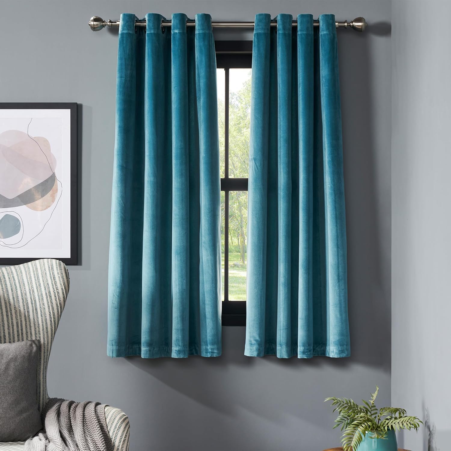 Deco Window Adjustable Brown Curtain Rods for Windows 36 to 66 Inch with Natural Wooden Finials & Set of 2 Semi-Blackout Velvet Curtains (5 Feet, Turquoise)