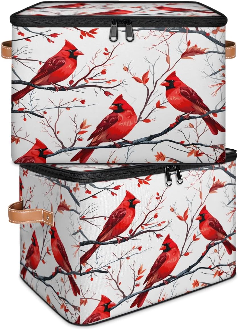 Storage Bin Set of 2 Cardinal Birds Branch Storage Basket with Zipper Lid & Handle Foldable Closet Shelf 2 Pack Cloth Organizer Basket Cube Bins Clothes Organizer for Bedroom, Nursery