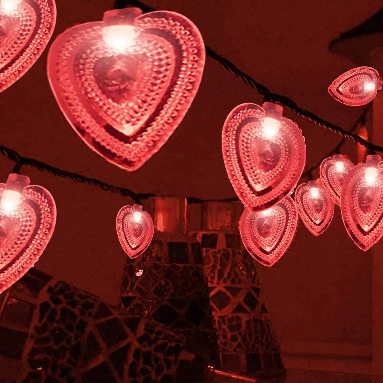 Solar String Lights Outdoor, Waterproof 20ft 30LED Love Heart 8 Mode Curtain Fairy Lights Wedding Party Indoor Ambiance Lighting for Bedroom Christmas Anniversary Valentine's Day(Red)