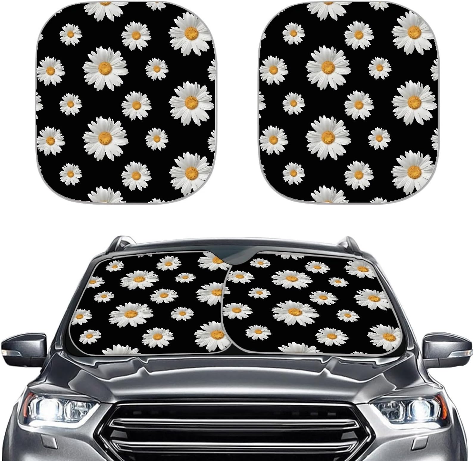 Fashion Daisy Windshield Sun Shade, Flower Designs Auto Car Truck SUV Vehicle Universal-fit Front Windshield Sunshade Pack of 2 Car Front Sun Visor