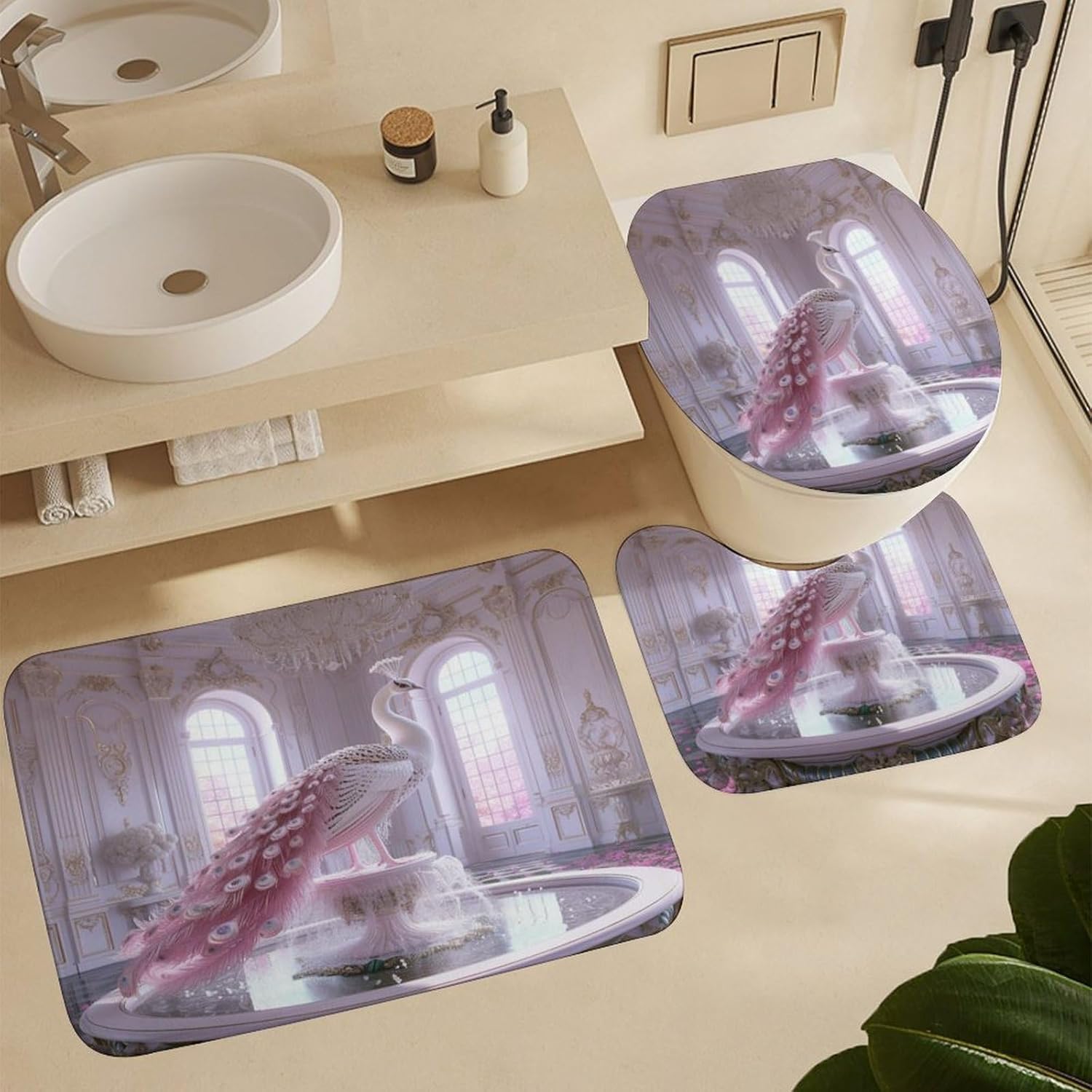 Brebasf Watercolor Pink Theme Peacock for Bathroom Shower Curtains Sets with Rugs 4Pcs Rustic Mid Century Castle Arch Feather Peacock Shower Curtains Sets (12Hooks)