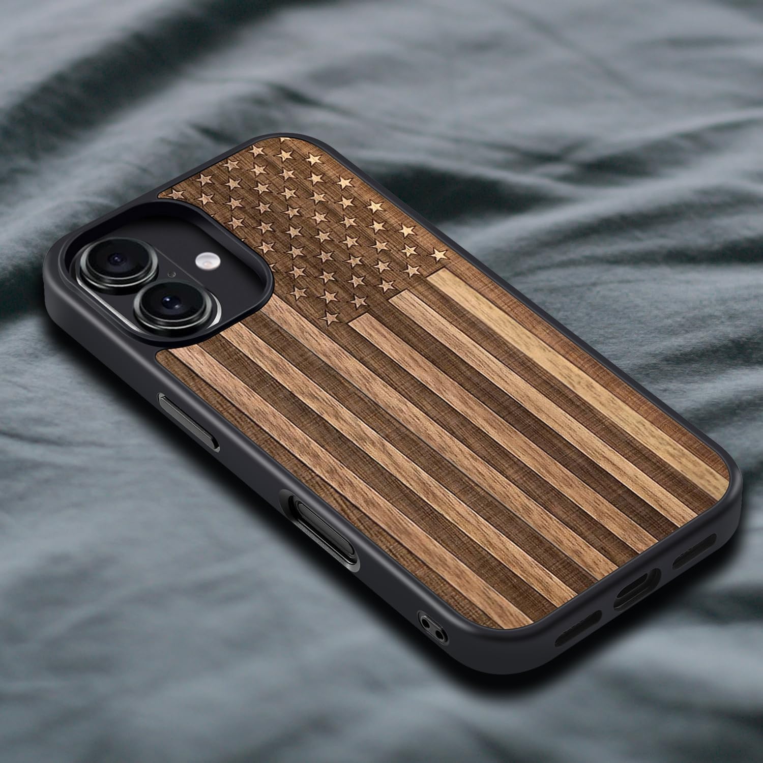 Wooden Phone Case is Suitable for iPhone 16, 6.1 inches, Unique Natural Wood Grain and Color, Magnetic Wireless Charging is Suitable (American Flag-Walnut).