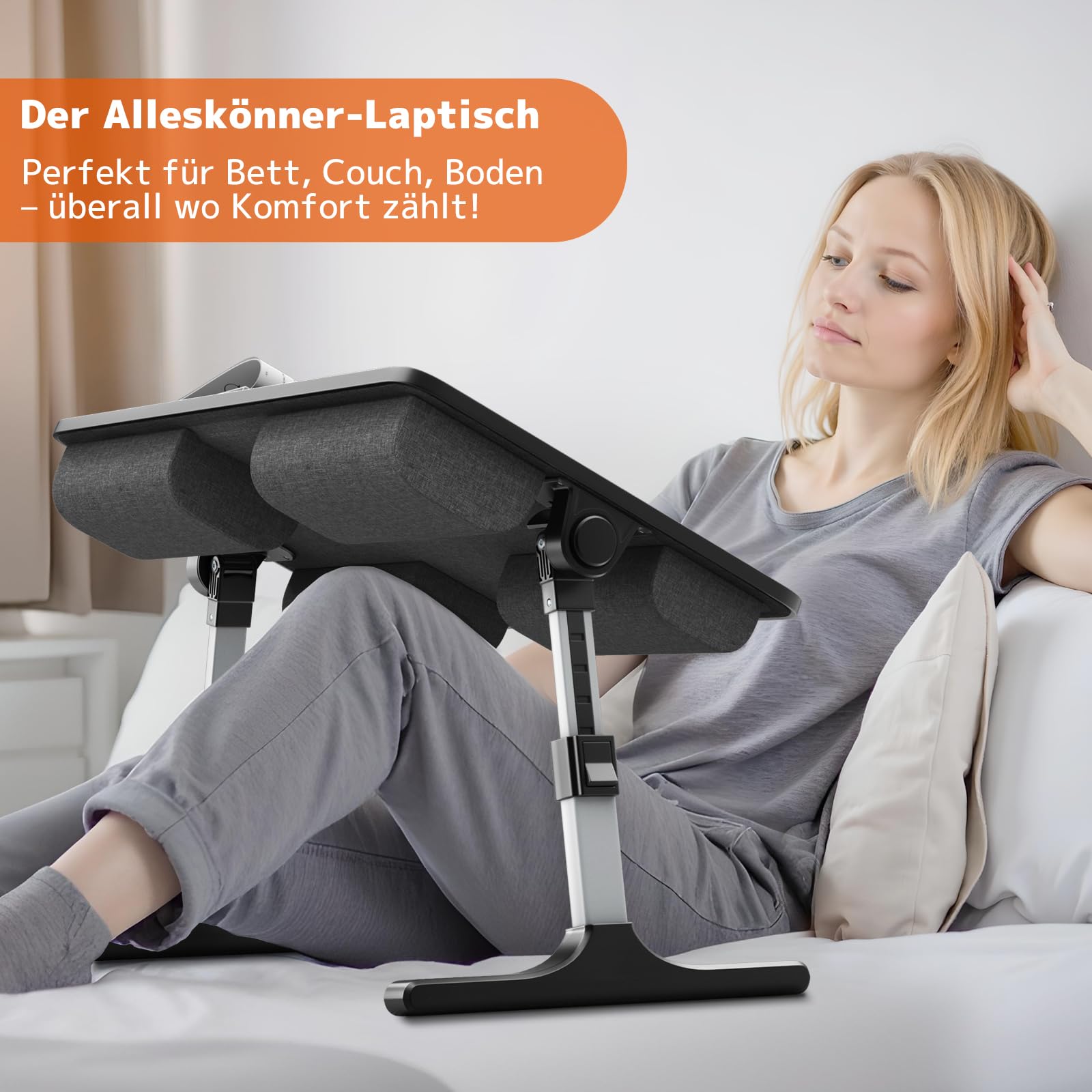 PUTORSEN Laptoptisch fürs Bett - Höhenverstellbar und Winkelverstellbar, 2-in-1 Laptopkissen Klappbar, Größere Laptop Tisch für Bett Sofa Couch Boden, 58 x 37cm Schwarz