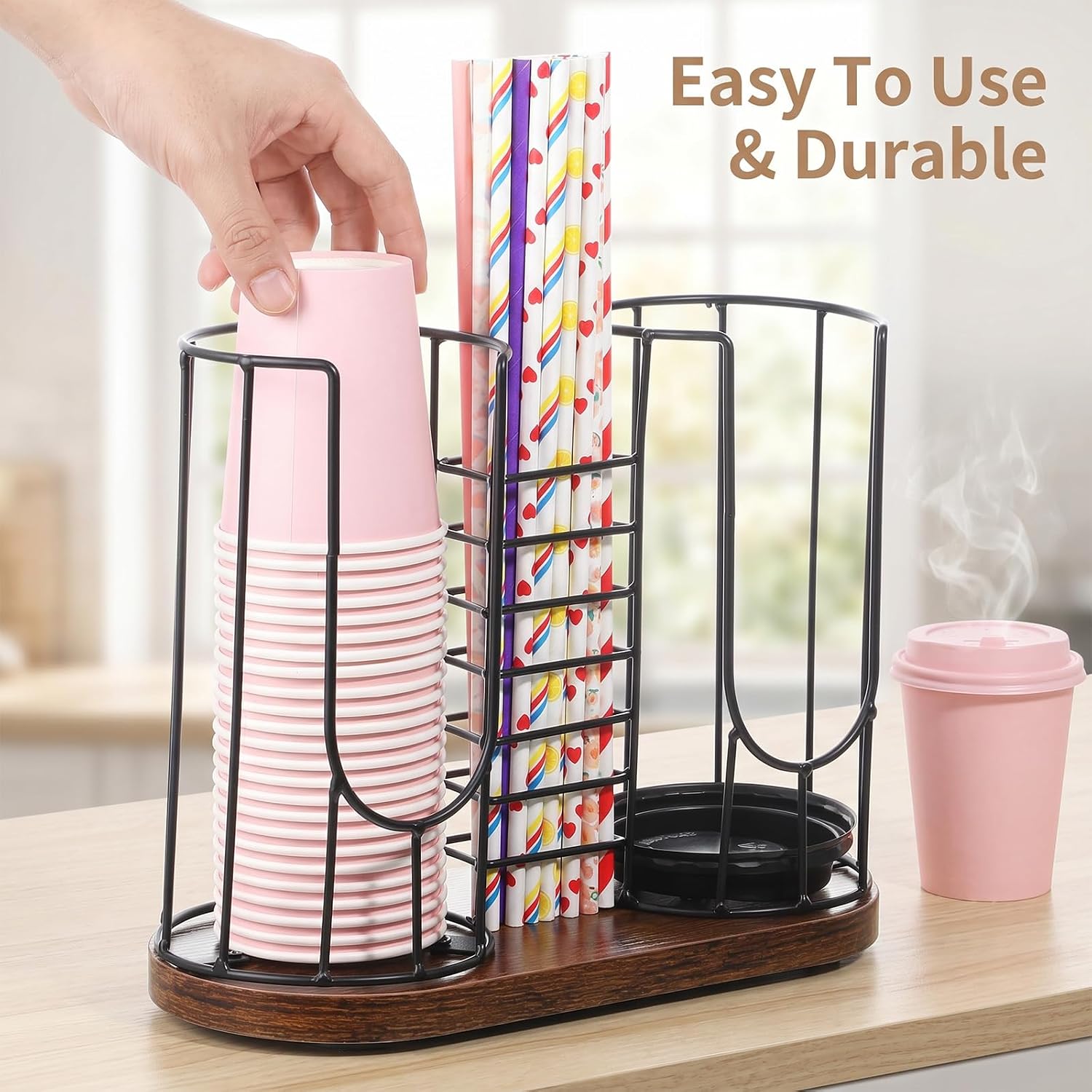 3-Compartment Coffee Bar Cup Holder with Wood Base
