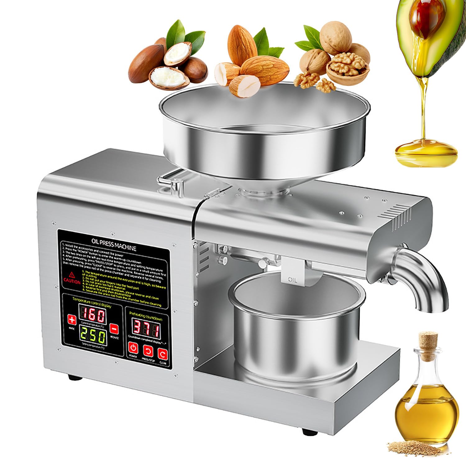 HCZKIUJY Automatic Oil Press Machine with Dual Cold & Hot Pressing, 1100W Power, 6L Capacity, High-Yield Extraction for Home and Commercial Use